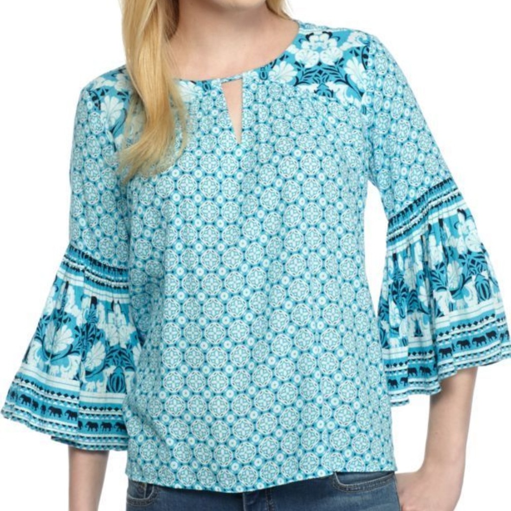 Crown & Ivy Aqua‎ Trumpet Bell Sleeve Boho Top XS S